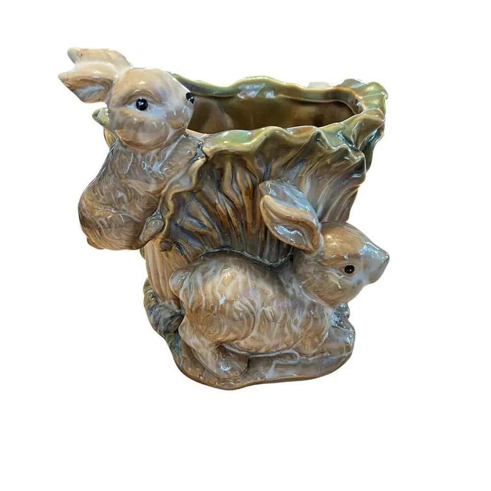 Bunny Rabbit Planter Vintage Ceramic Cabbage Peter Rabbit Glazed Retro Country